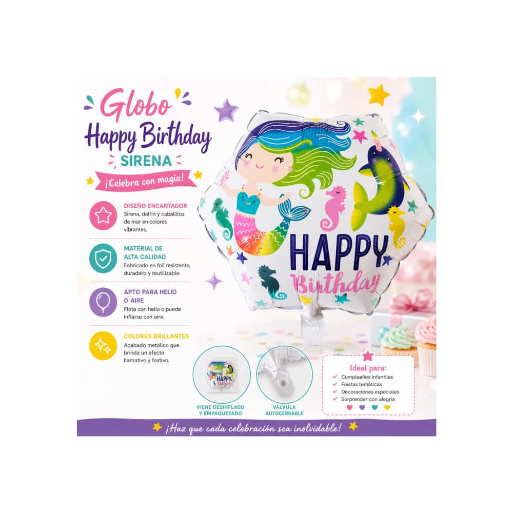 Globo hexagonal con cartel de Happy birthday y diseño de sirenita Ballon (18 pulgadas) - Miniatura 4