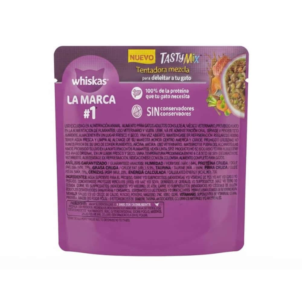 Alimento para gatos adultos con sabor a atún y salmón con zanahoria y chícharos en salsa Tasty Mix Whiskas (75 g / 2.64 oz) - Miniatura 3