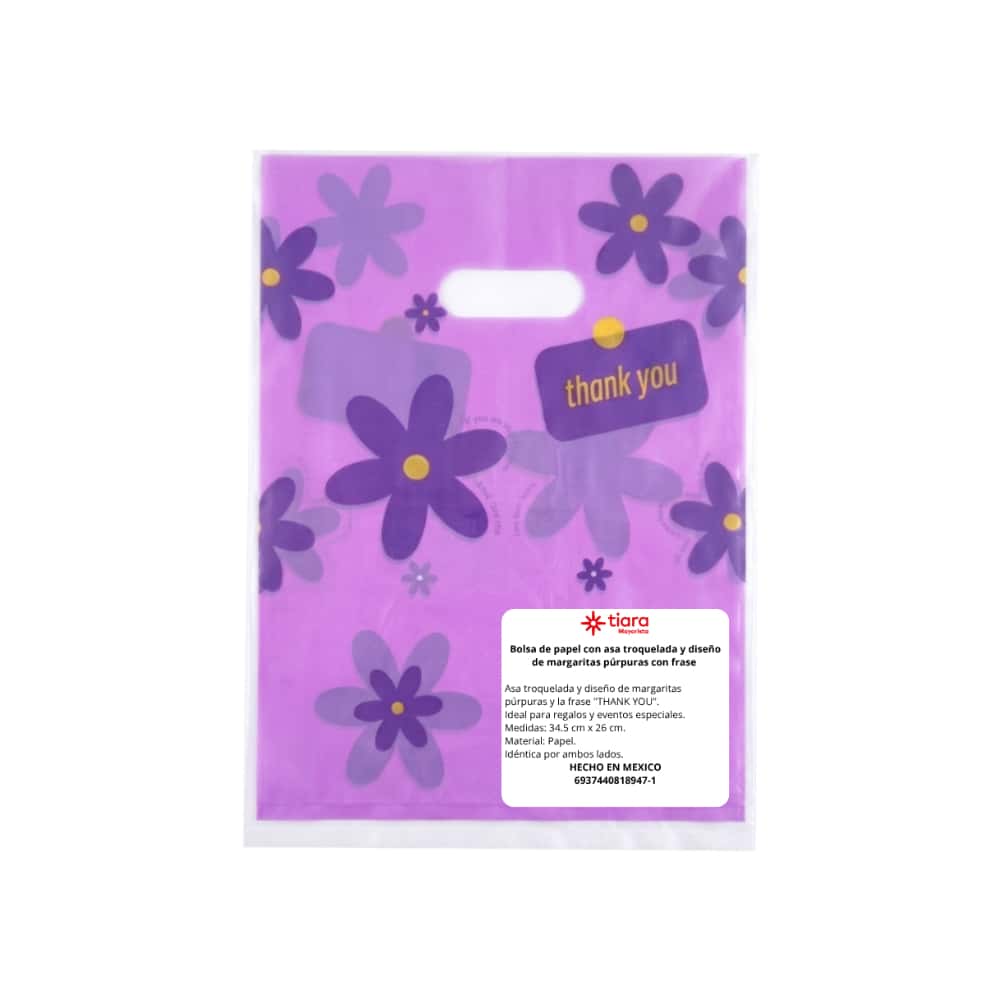 Bolsa de nylon con asa troquelada y diseño de margaritas púrpuras con frase Tiara - Miniatura 3