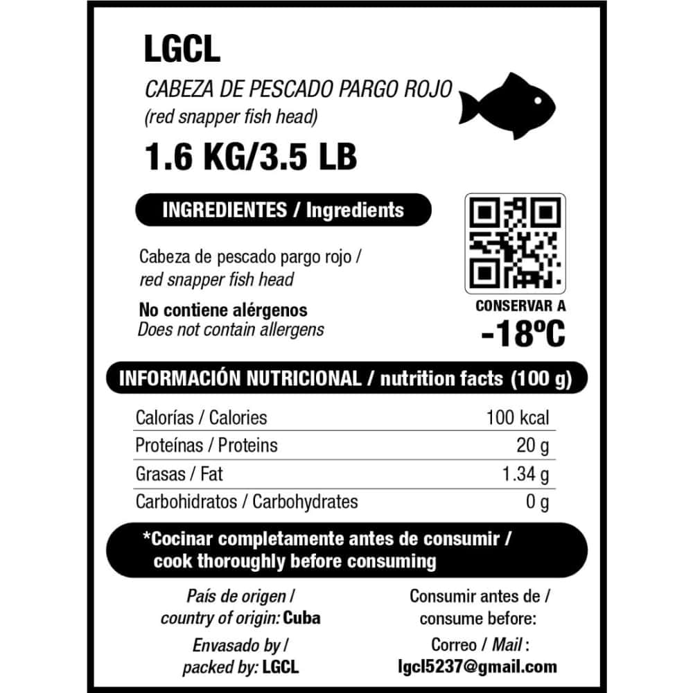 Cabeza de pescado pargo rojo LGCL (1.6 kg / 3.5 lb) - Miniatura 3
