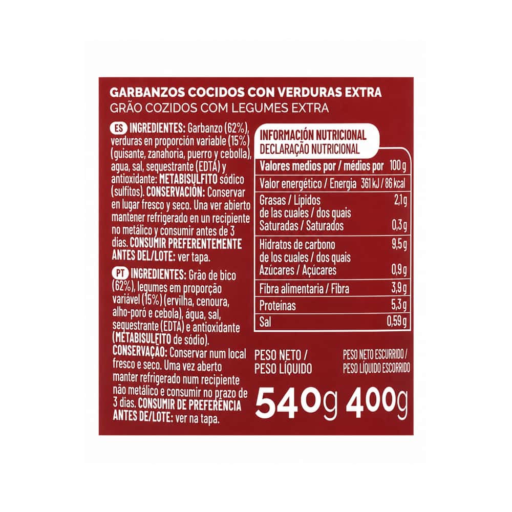 Garbanzos cocidos con verduras extra Coviran (540 g / 1.19 lb) - Miniatura 3