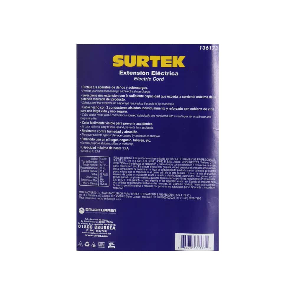 Extensión eléctrica uso rudo color amarillo 10 m Surtek 136173 - Miniatura 4