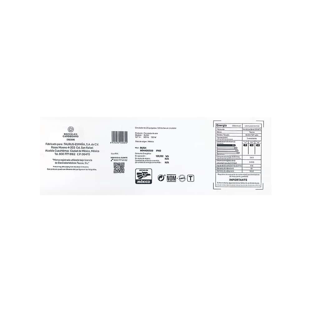 Ventilador circulador de piso de 20 pulgadas color negro Taurus Rush - Miniatura 4