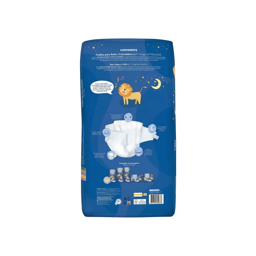 Pañales absorbentes para bebés de 7 a 14 kg, talla 4, Continente do Bebé (54 U) - Miniatura 2