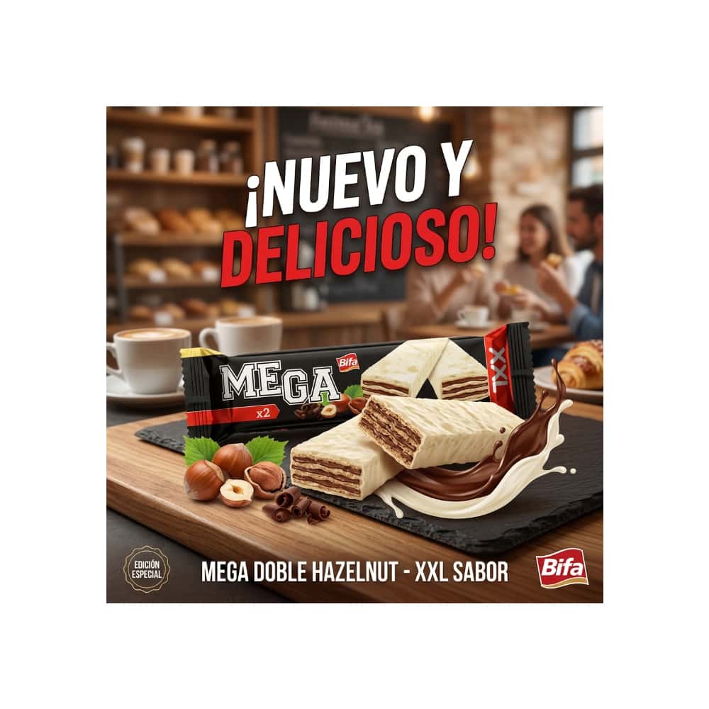 Wafer rellena de crema de cacao con avellana y cubierta de chocolate blanco Mega Bifa (100 g / 3.52 oz) - Miniatura 4