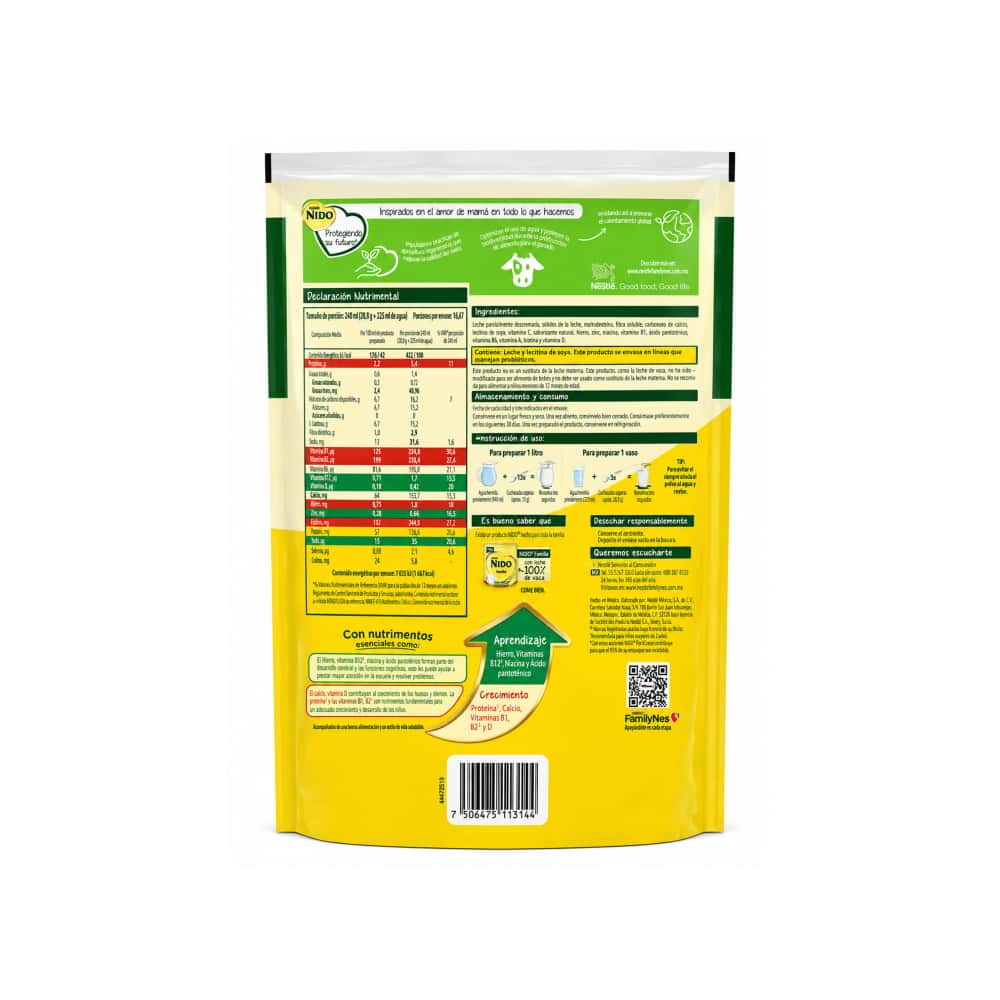 Leche en polvo parcialmente descremada acondicionada con fibra, minerales y vitaminas Nestlé (480 g / 1.06 lb) - Miniatura 2