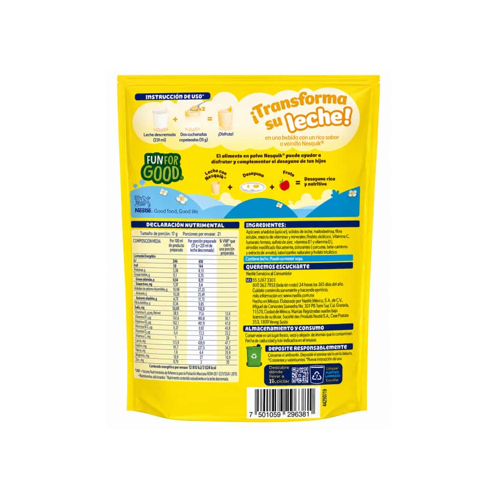 Polvo para bebida fortificada sabor vainilla Nestlé Nesquik (357 g / 12.59 oz) - Miniatura 3