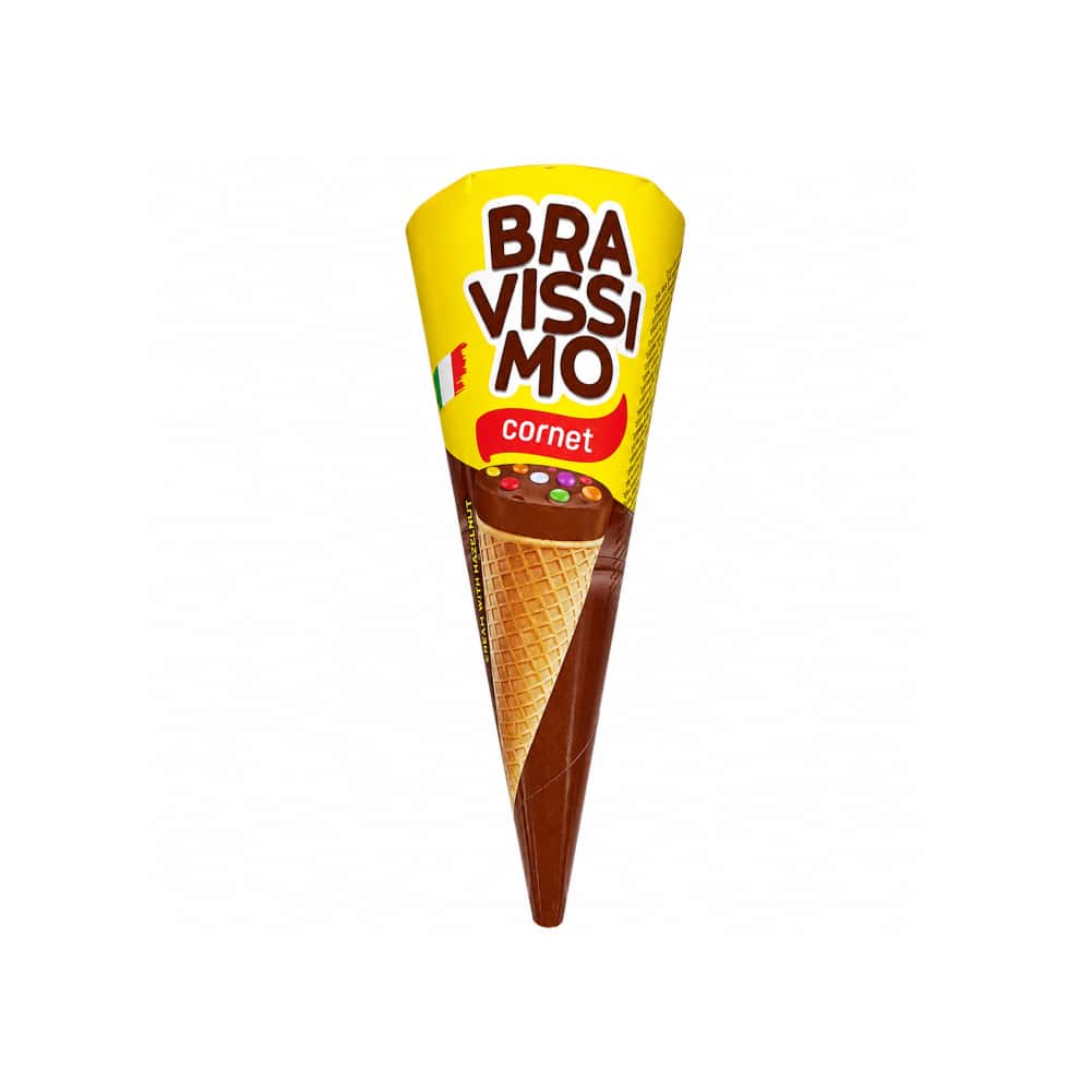 Cono relleno de crema de chocolate y avellana con grageas de colores Bravissimo (25 g / 0.88 oz) - Miniatura 1