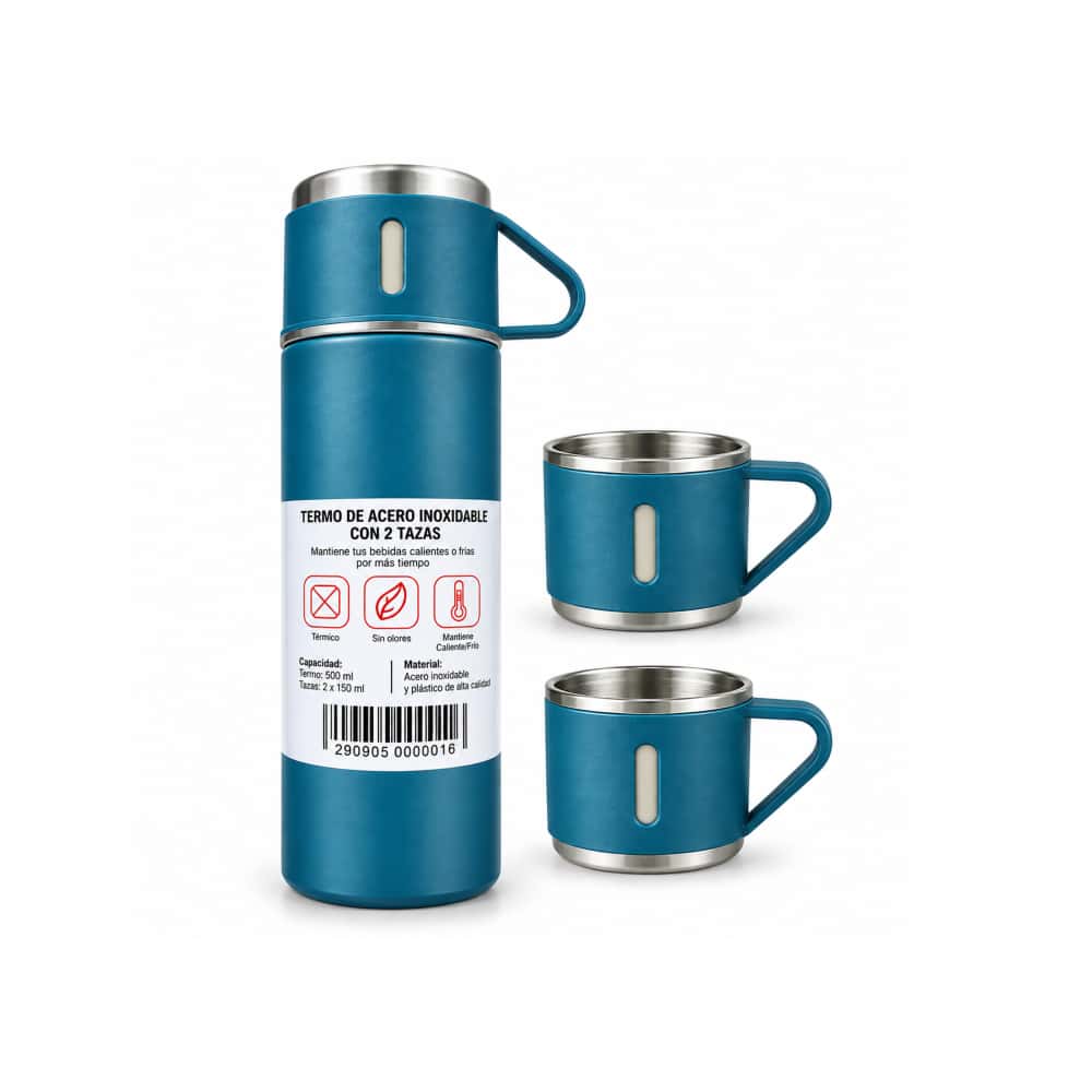 Set de termo y 2 tazas de acero inoxidable color azul MRC - Miniatura 1