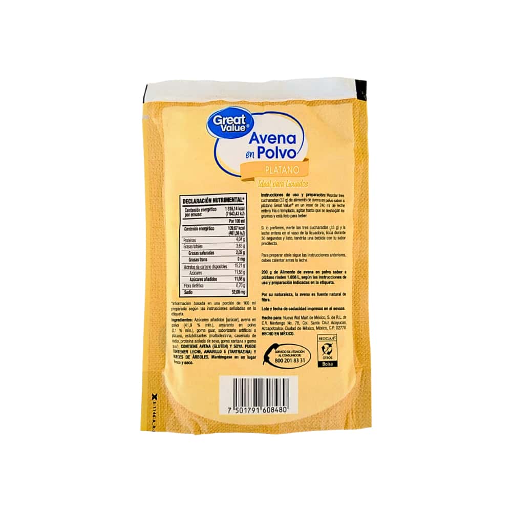 Avena para licuado instantáneo sabor plátano Great Value (200 g / 7.05 oz) - Miniatura 8