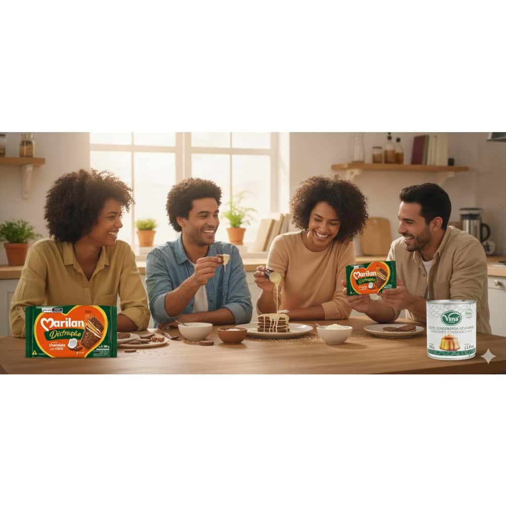 Leche condensada azucarada Vima Foods (390 g / 13.8 oz) + Galleta triple capa sabor chocolate con coco Distracao Marilan (280 g / 9.88 az) - Miniatura 4