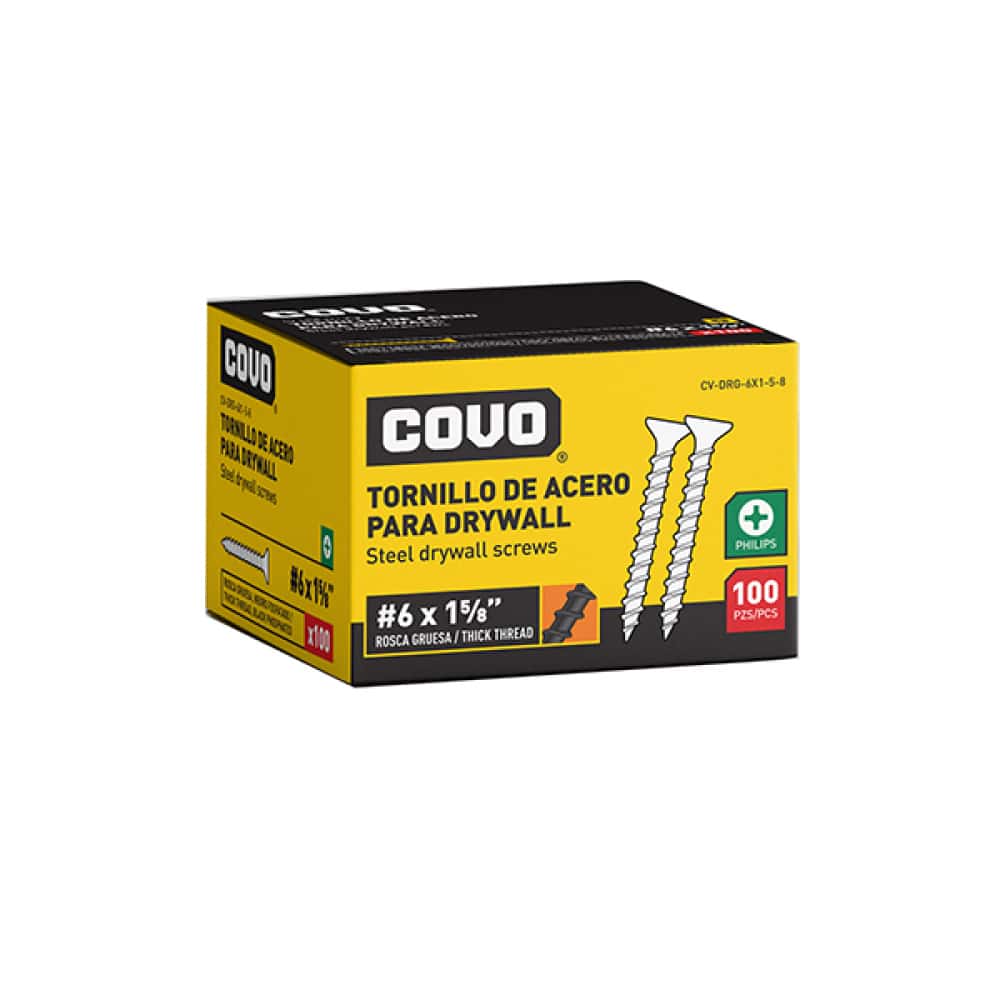Caja de 100 tornillos de acero para paneles de yeso - pladur o drywall - #6 x 1-5/8" Covo - Miniatura 1