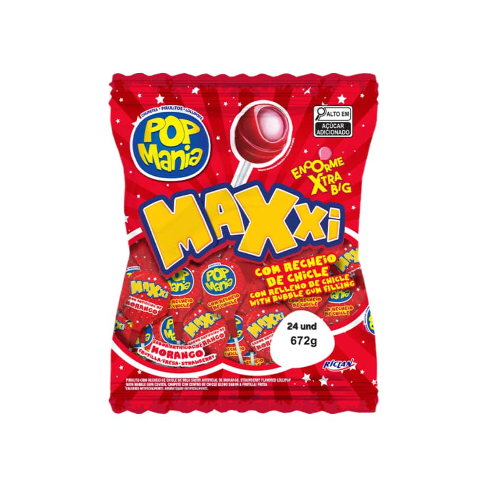 Chupa chupa sabor fresa con relleno de chicle Pop Mania Maxxi (672 g / 1.48 lb) - Miniatura 1