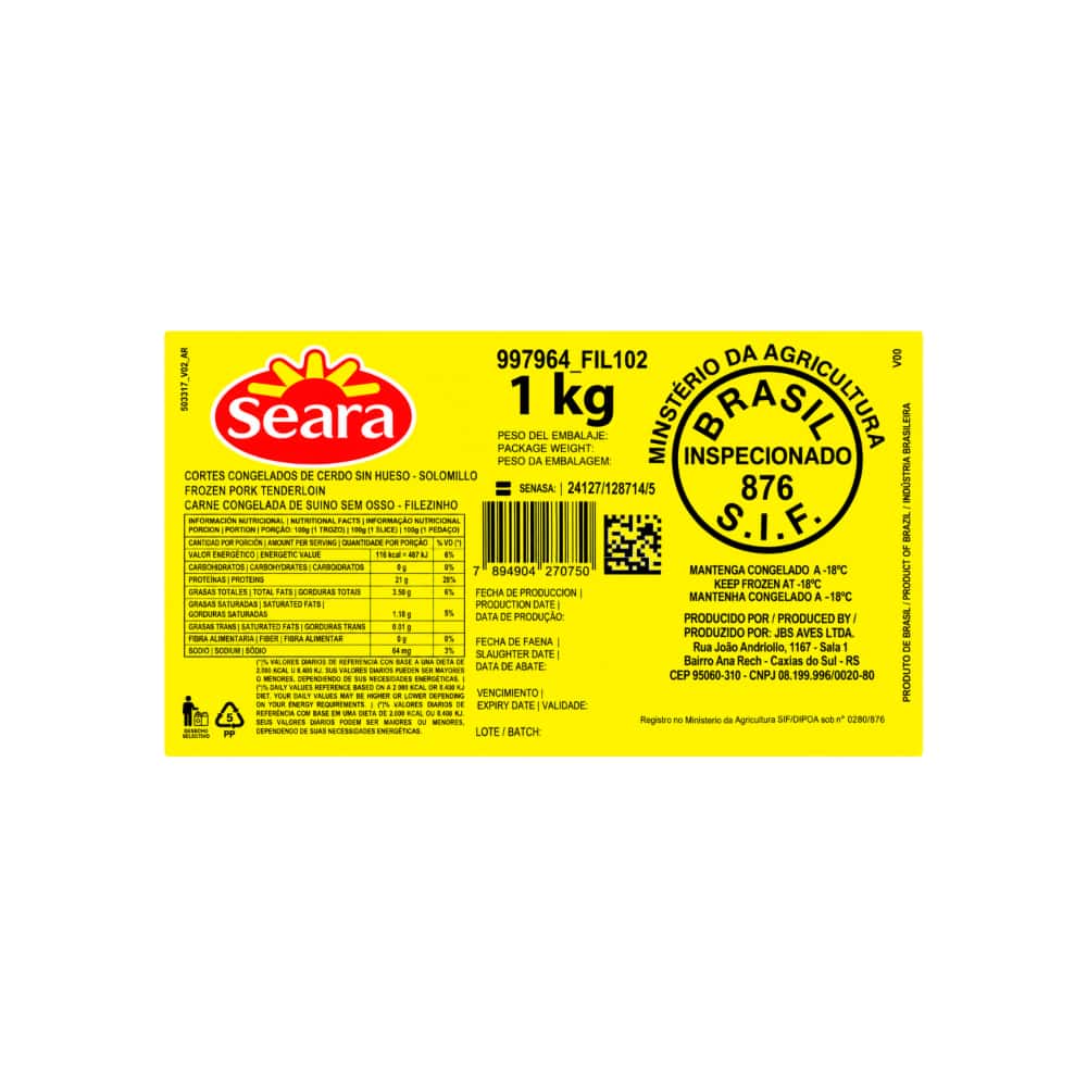 Solomillo de cerdo congelado sin hueso Seara (1 kg / 2.2 lb) - Miniatura 3