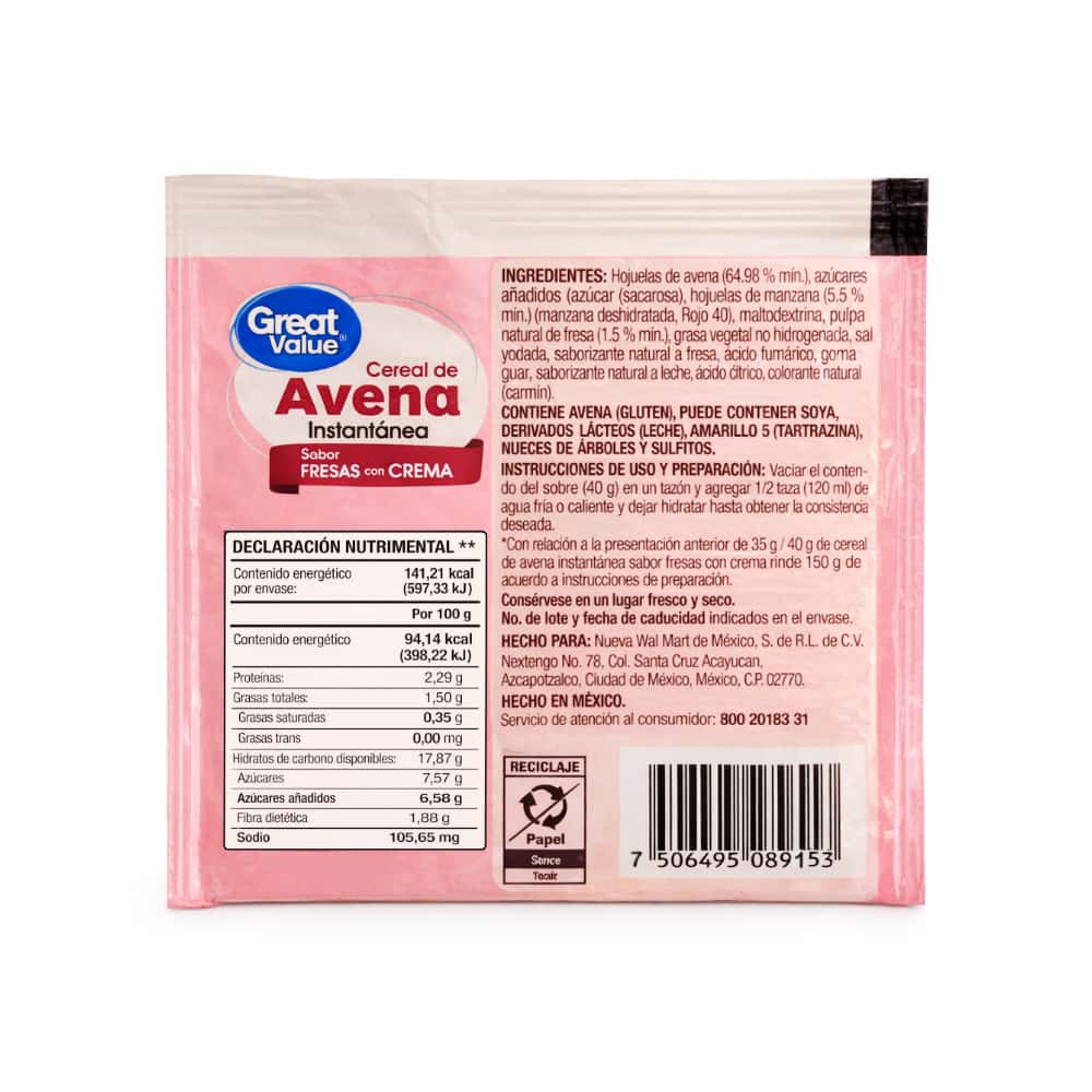 Cereal de avena instantánea sabor fresa con crema Great Value (40 g / 1.41 oz) - Miniatura 2