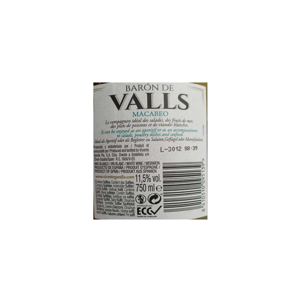 Vino blanco Macabeo Barón de Valls (750 ml) - Miniatura 3