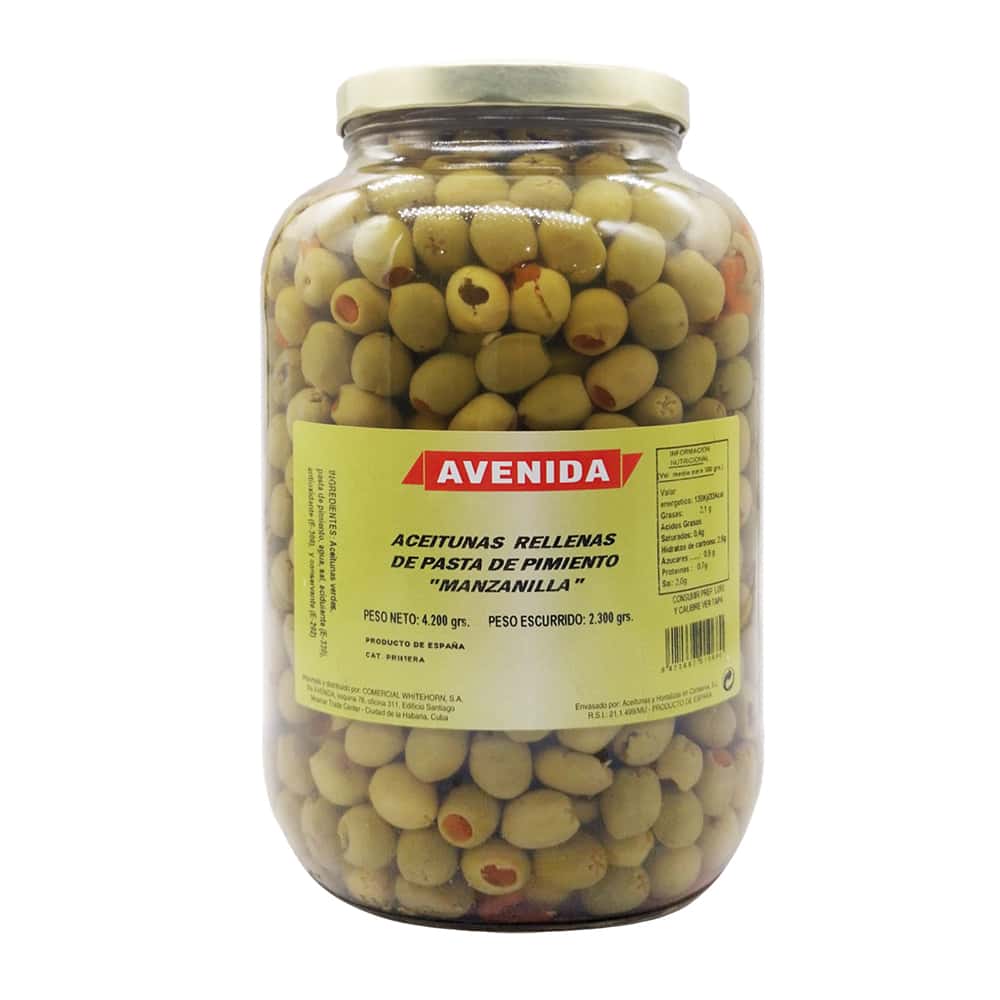 Aceitunas verdes manzanilla rellenas de pasta de pimiento Avenida (4.2 kg / 9.24 lb) - Miniatura 1