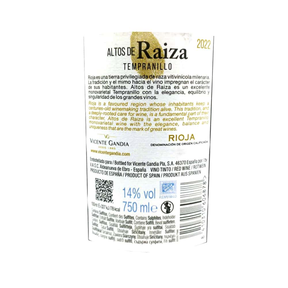 Vino tinto Rioja Tempranillo Altos de Raiza (750 ml) - Miniatura 3