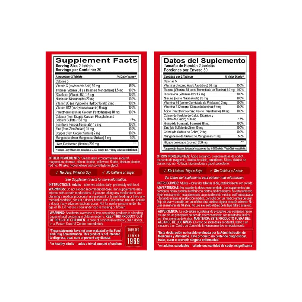 Hierro y vitaminas B de alta potencia para adultos Globulo Rojo (60 tabletas) - Miniatura 3