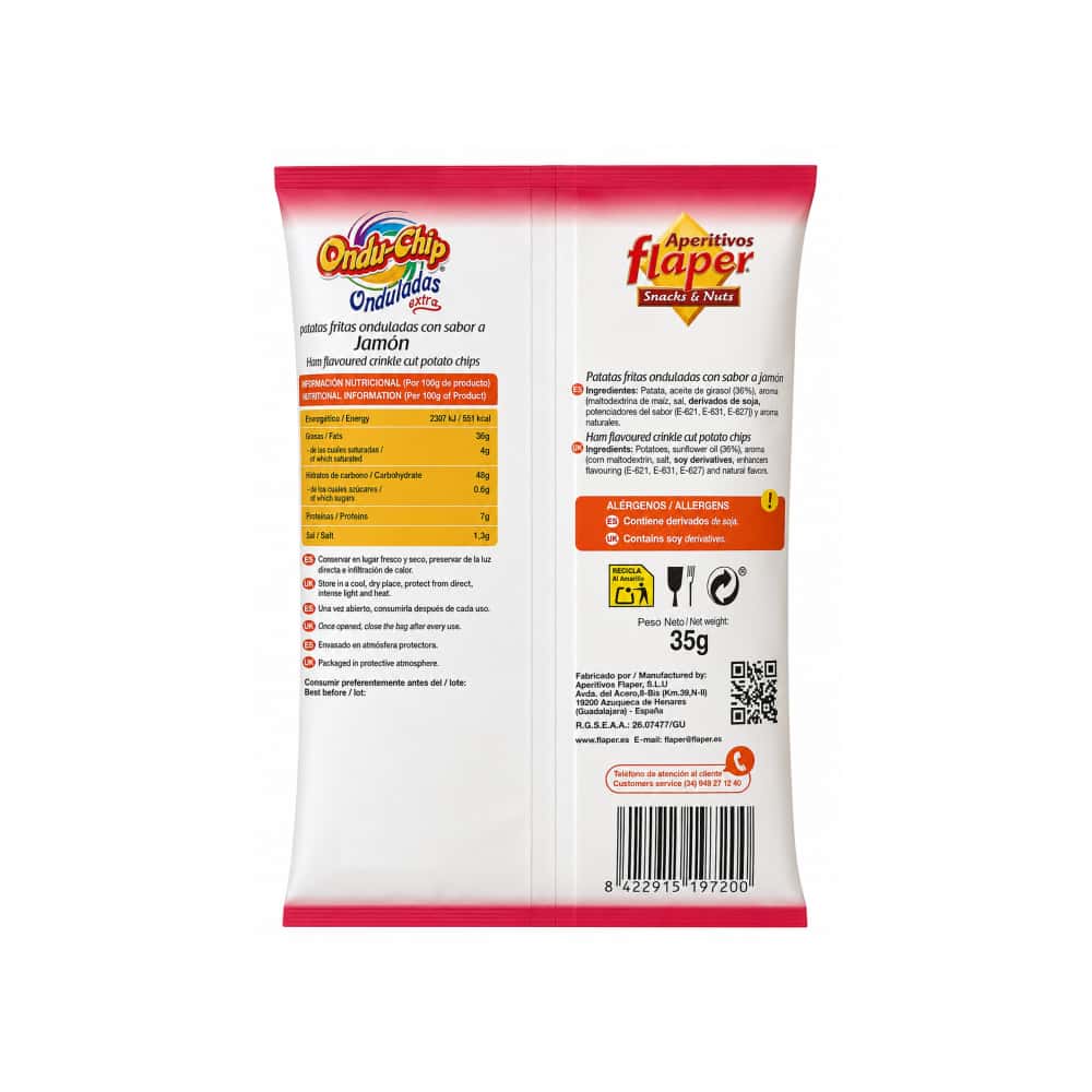 Patatas fritas onduladas con sabor a jamón Ondu-Chip Flaper (35 g / 1.23 oz) - Miniatura 2