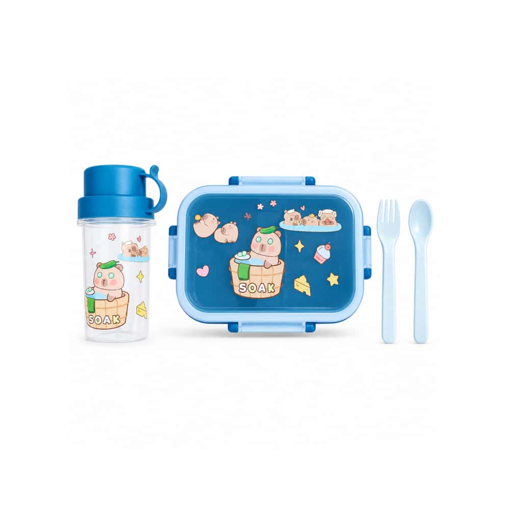 Set de almuerzo infantil con diseño de osos y cerdos, botella y cubiertos, MRC (1 U) - Miniatura 1