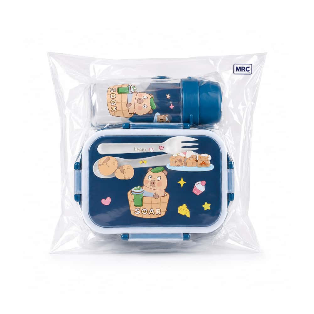 Set de almuerzo infantil con diseño de osos y cerdos, botella y cubiertos, MRC (1 U) - Miniatura 3