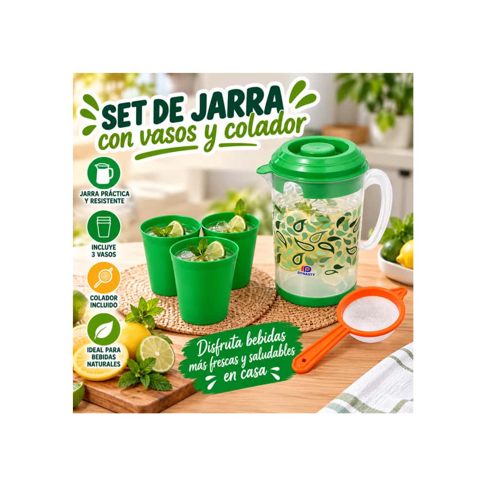 Juego verde de jarra plástica con tapa, vasos y colador CasaBlaca - Miniatura 5