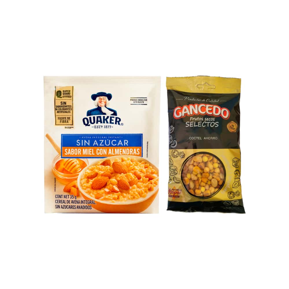 Cereal de avena integral sabor miel con almendras Quaker (35 g / 1.23 oz) + Frutos secos selectos Gancedo (175 g / 6.17 oz) - Miniatura 1