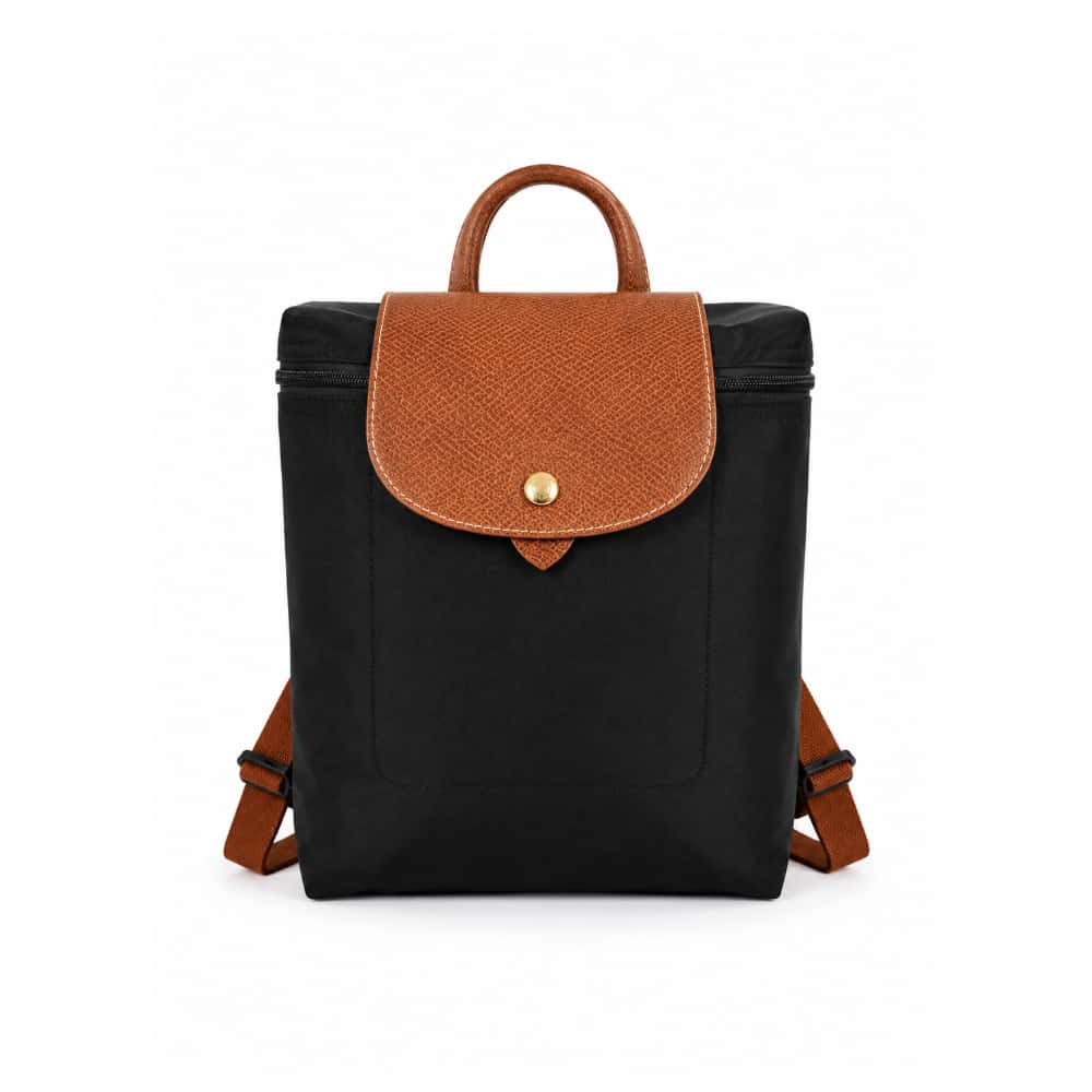 Mochila convertible de nailon negro con detalles en camel Isabella - Miniatura 3