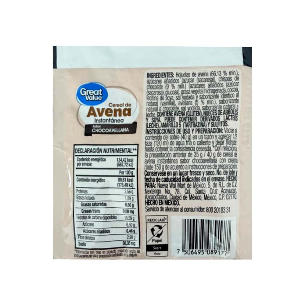 Cereal de avena instantánea sabor chocoavellana Great Value (40 g / 1.41 oz) - Miniatura 2
