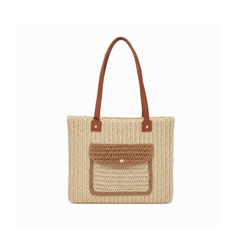 Bolso tote de playa tejido en beige con detalles en marrón y asas de piel Isabella (1 U) - Miniatura 1