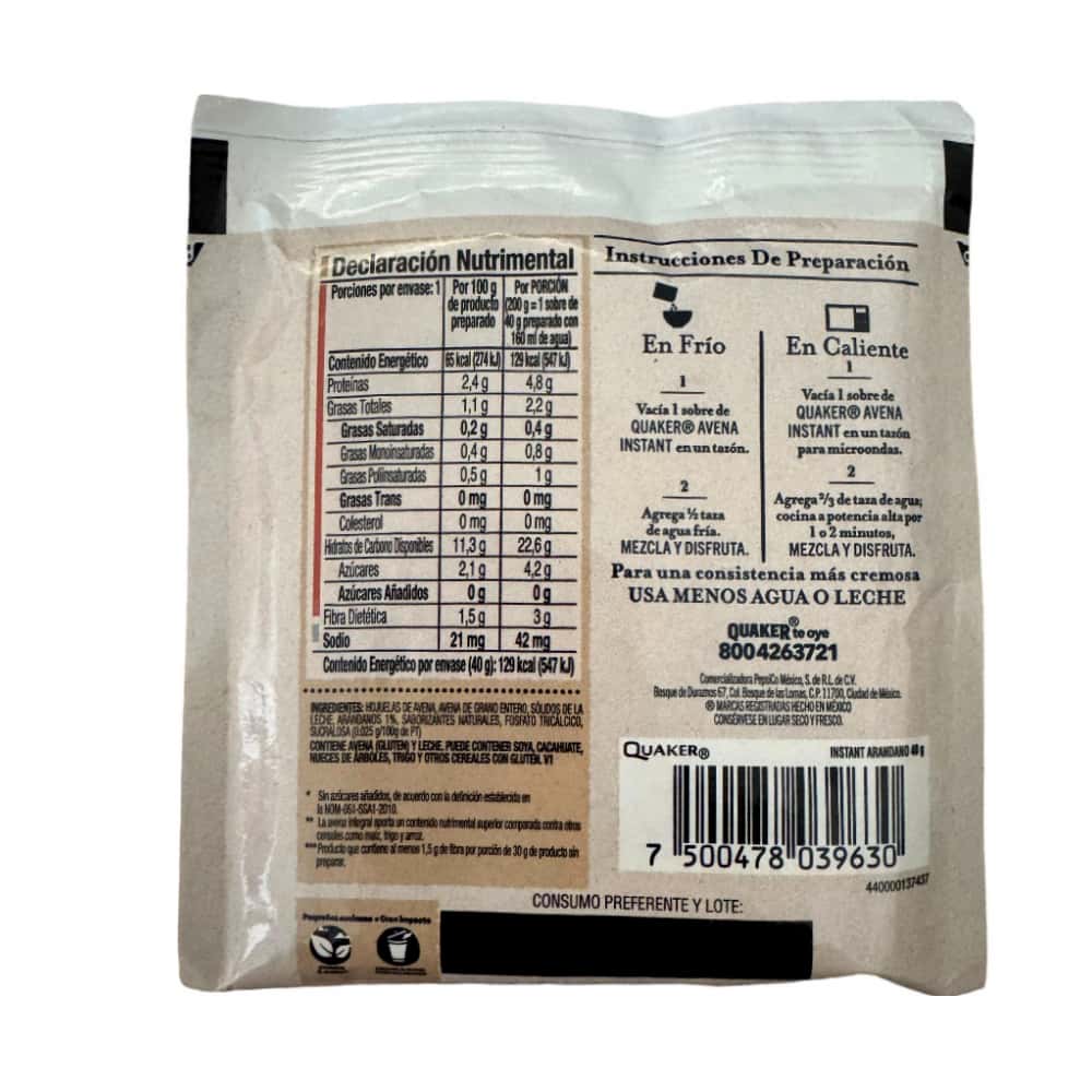 Avena integral sin azúcar sabor arándanos Quaker (40 g / 1.41 oz) - Miniatura 2