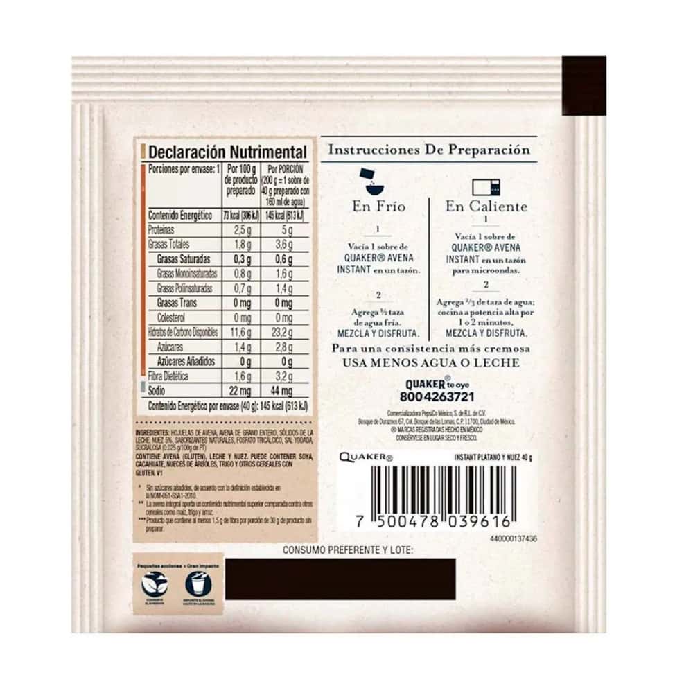 Avena integral sin azúcar sabor plátano y nuez Quaker (40 g / 1.41 oz) - Miniatura 2