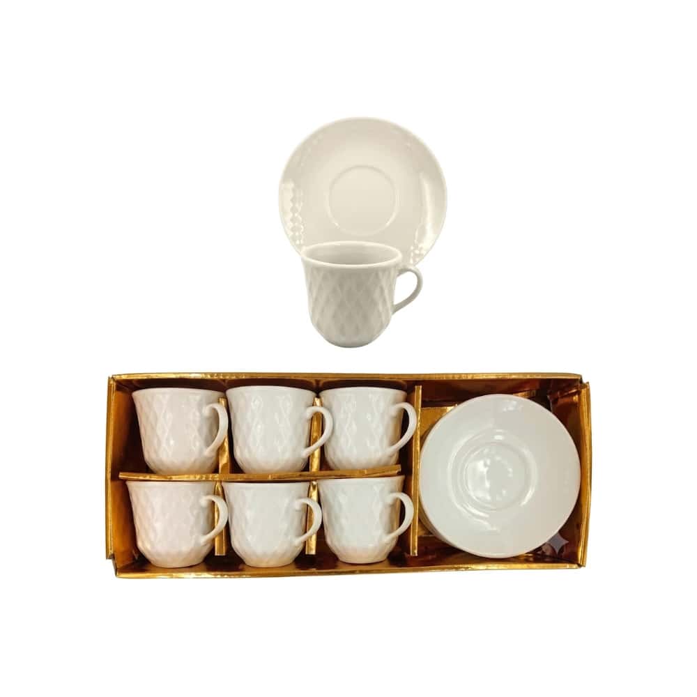 Juego de 6 tazas de café con platos de cerámica blanca con diseño de rombos Mukhi - Miniatura 2