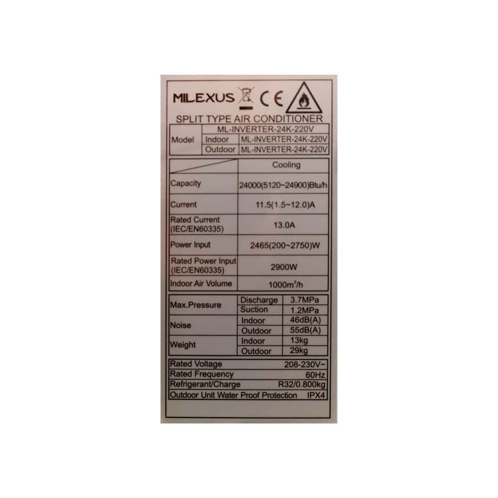 Aire acondicionado tipo split inverter de 2 tonelada Milexus ML-INVERTER-24K-220V - Miniatura 2