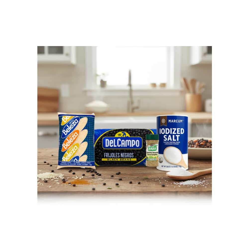 Sazón completo Badia (99.2 g / 3.5 oz) + Sal yodada Marcum (737 g / 1.6 lb) + Frijoles negros Del Campo (454 g / 1 lb) + Arroz tipo 2 Beleza (1 kg / 2.20 lb) - Miniatura 4