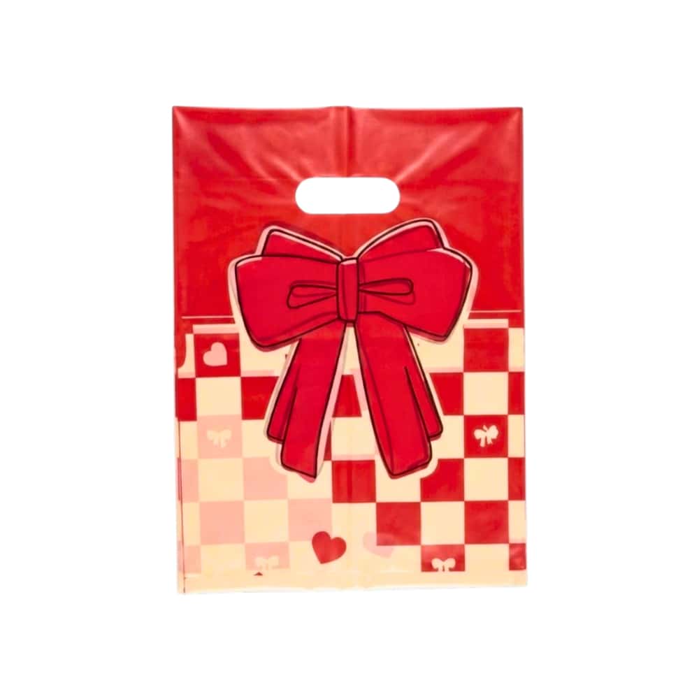 Bolsa de nylon con asa troquelada y diseño de lazo rojo central sobre un fondo de cuadros, pequeños corazones y lazos Tiara - Miniatura 1