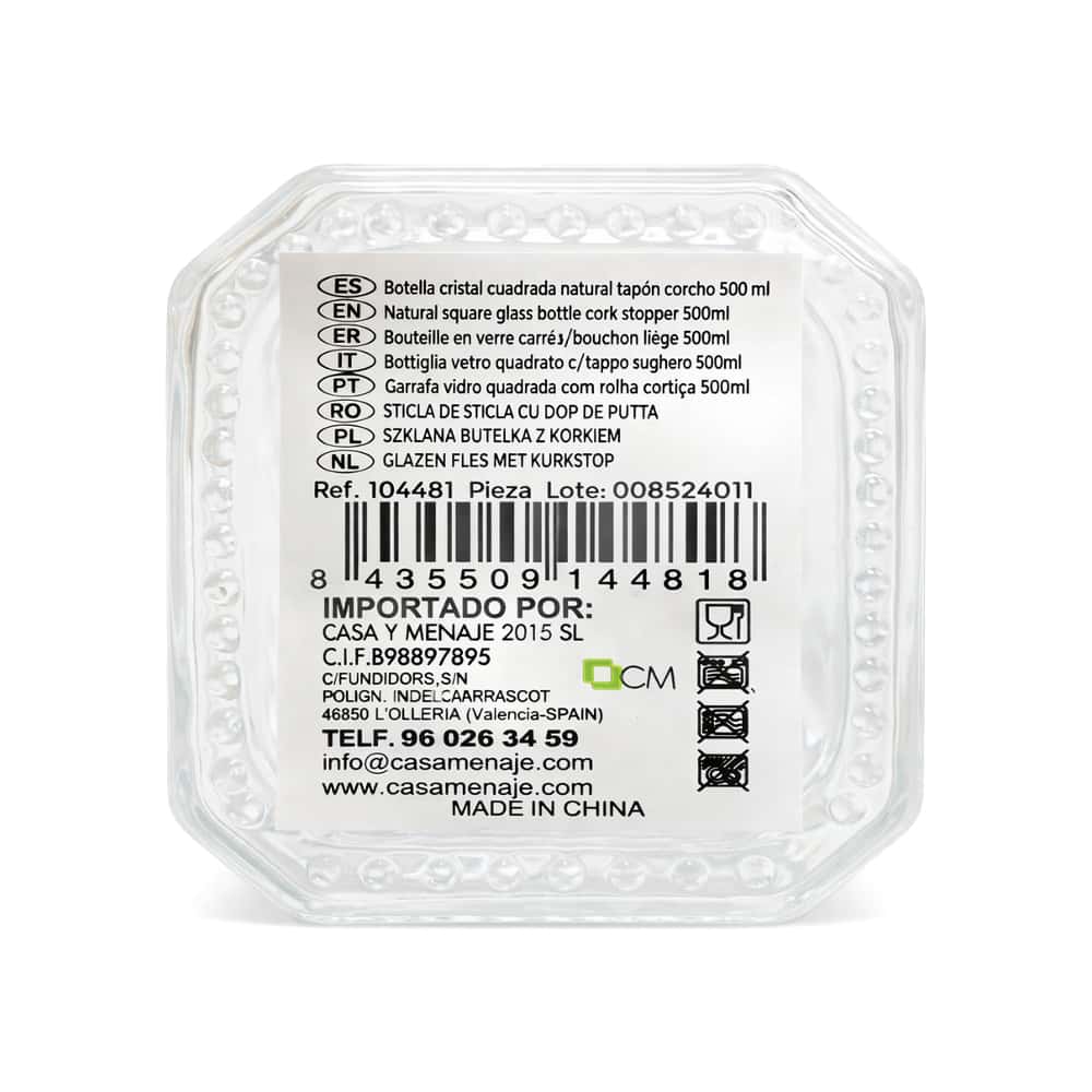 Botella cristal cuadrada natural tapón corcho 500 ml Casa y Menaje - Miniatura 2