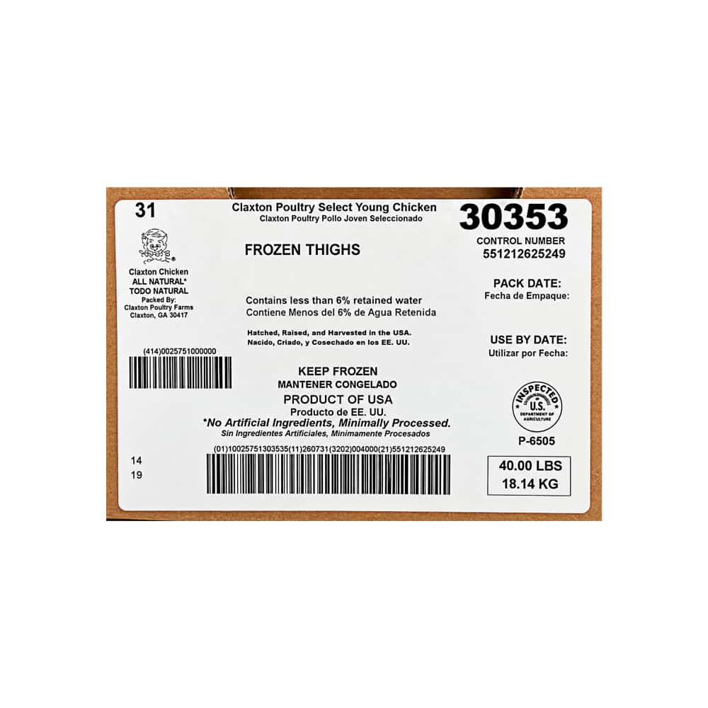 Caja de contramuslos de pollo Claxton Chicken (18.14 kg / 40 lb) - Miniatura 3