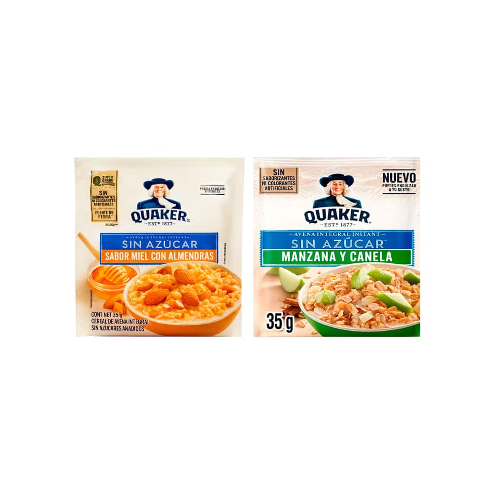 Combo de cereal para desayuno sin azúcar quaker sabor miel con almendras (35 g / 1.23 oz) + manzana y canela (35 g / 1.23 oz) - Miniatura 1