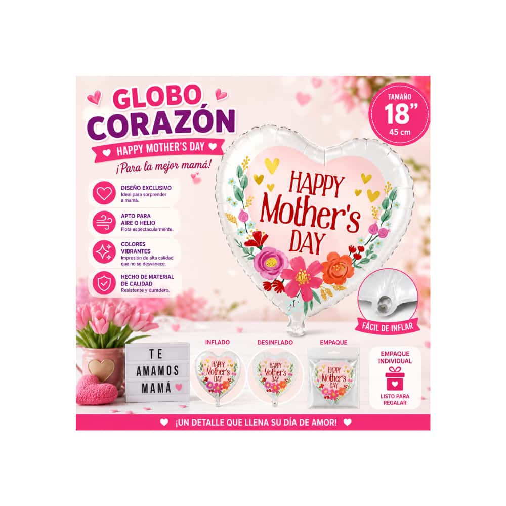 Globo en forma de corazón con cartel de Happy mother´s day Balloon (17 pulgadas) - Miniatura 4
