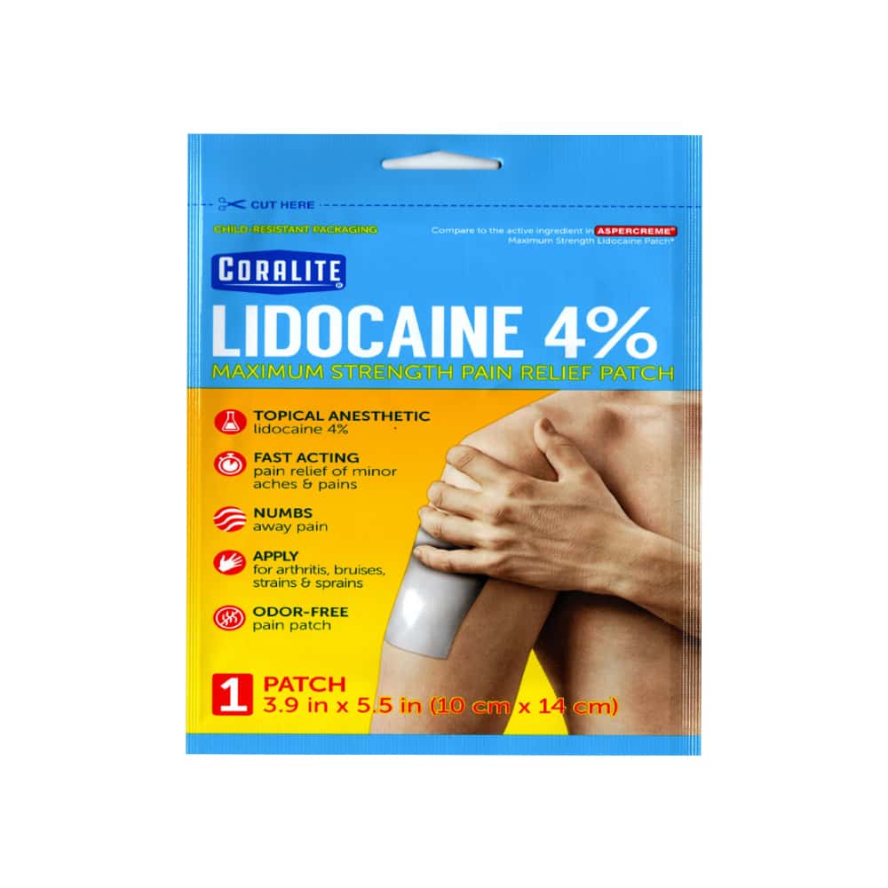 Parche analgésico de máxima potencia con lidocaína al 4% Coralite (10 cm x 14 cm / 3.9 in x 5.5 in) - Miniatura 1