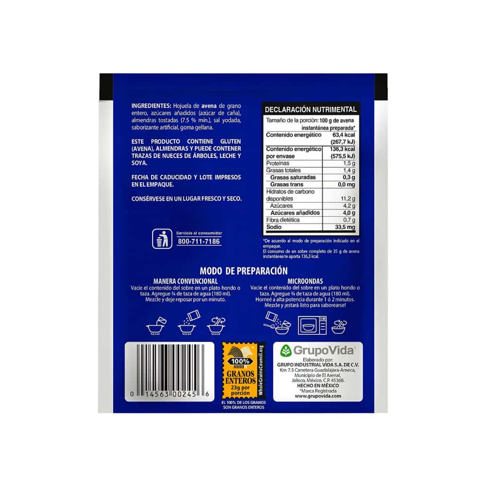 Cereal de avena integral instantáneo con almendras sabor vainilla Avena 1 (35 g / 1.23 oz) - Miniatura 4