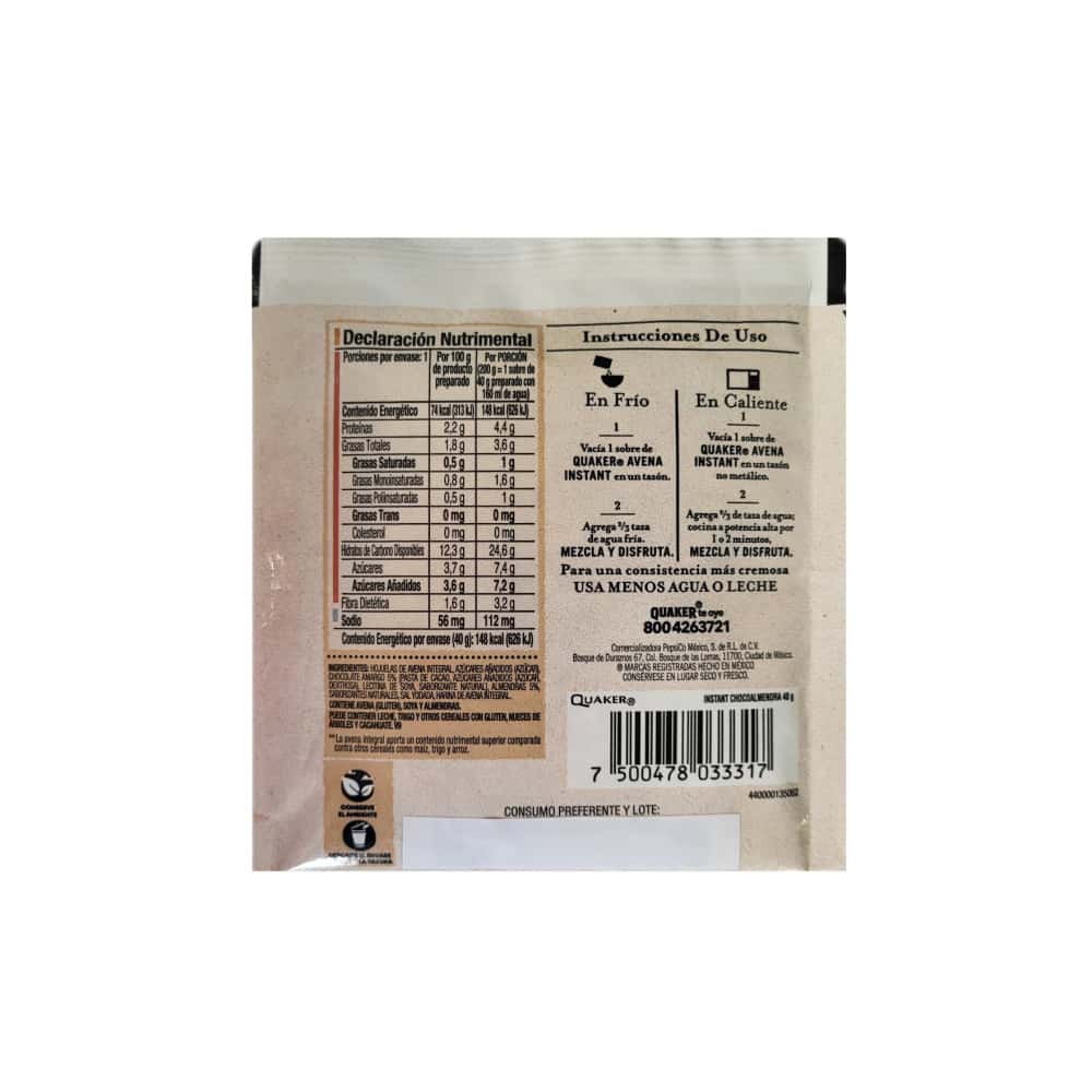 Avena integral instantánea sabor chocoalmendra Quaker (40 g / 1.41 oz) - Miniatura 6