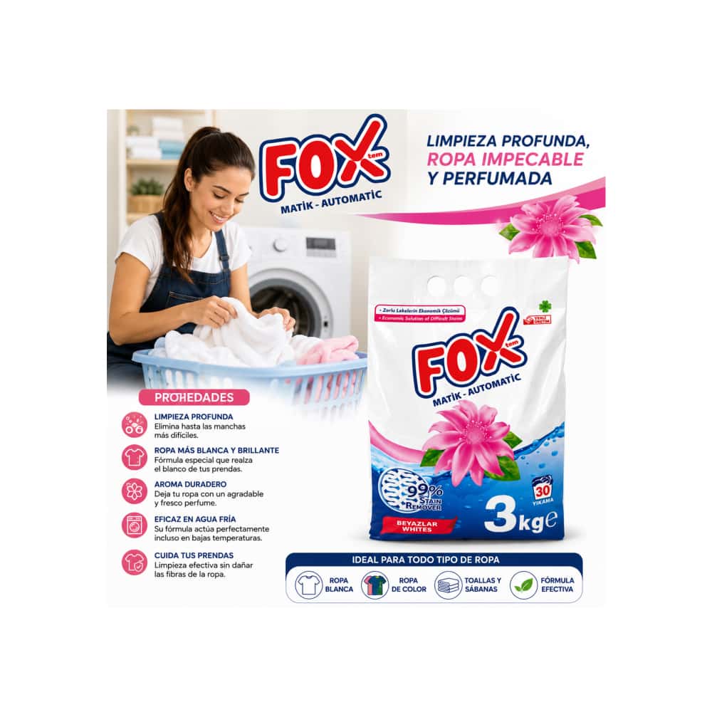 Detergente en polvo para ropa blanca Fox (3 kg / 6.61 lb) - Miniatura 4
