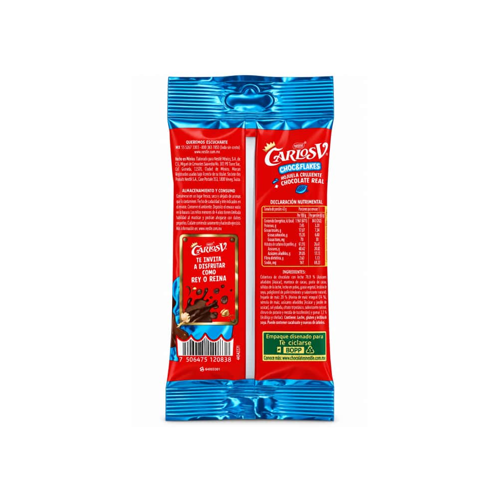 Hojuela de maiz cubierta de chocolate con leche CarlosV Nestlé (43 g / 1.52 oz) - Miniatura 2