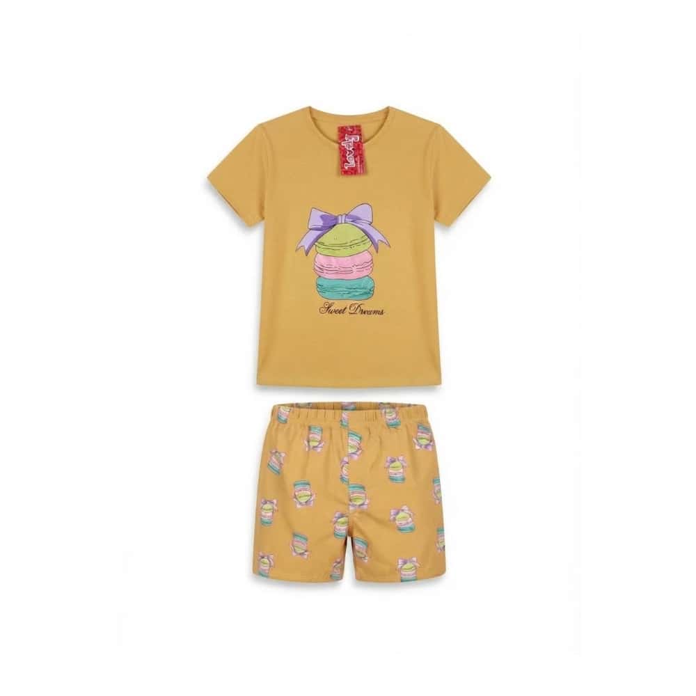 Pijama de dos piezas femenino color mamoncillo con diseño central macarons Lovely (Talla M) - Miniatura 1