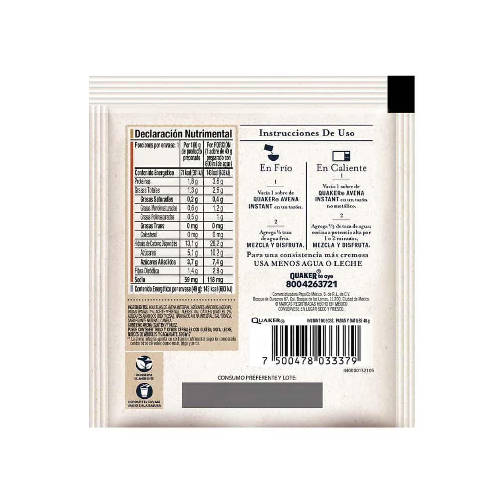 Cereal de avena integral sabor nueces, pasas y dátiles Quaker (40 g / 1.41 oz) - Miniatura 3