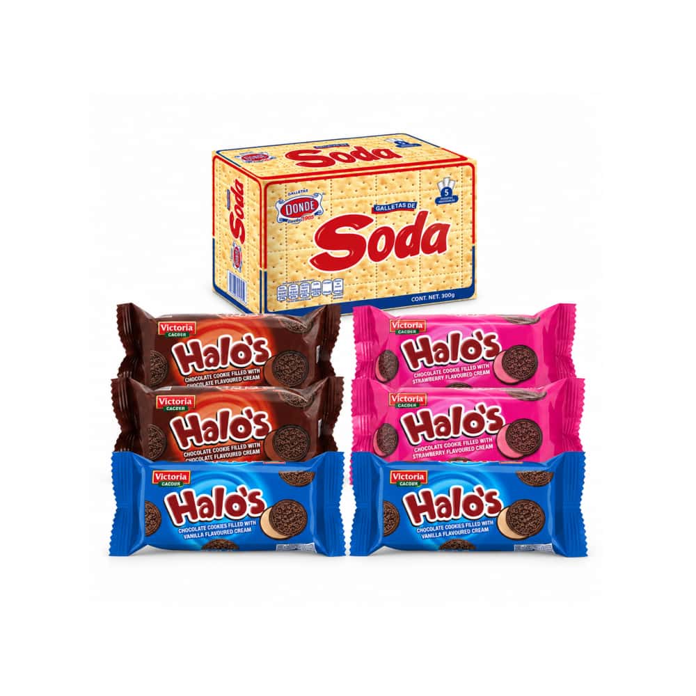 1 Galletas de soda Dondé (800 g / 1.76 lb) + 2  Galletas de chocolate rellenas con crema sabor chocolate Victoria Garden Halo’s (30 g / 1.05 oz) + 2 Galletas de chocolate rellenas con crema sabor fresa Victoria Garden Halo’s (30 g / 1.05 oz) + 2 Galletas de chocolate rellenas con crema sabor vainilla Victoria Garden Halo’s (30 g / 1.05 oz) - Miniatura 1