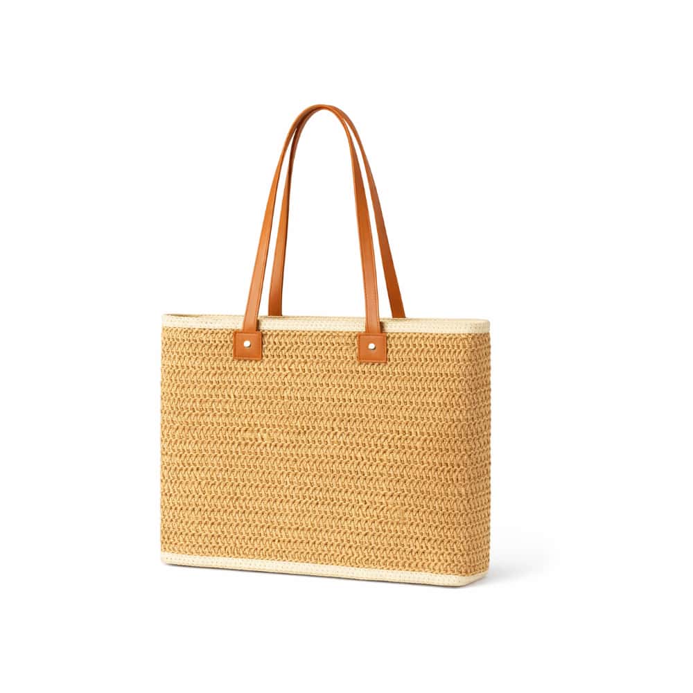 Bolso tote de playa tejido en color camel con bolsillo frontal y asas de piel ISABELLA (1 U) - Miniatura 3